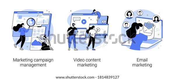 Campaign tracking and analysis abstract concept\
vector illustration set. Marketing campaign management, video\
content, email marketing, social media metrics, audience engagement\
abstract metaphor.