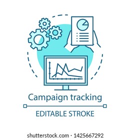 Campaign tracking blue concept icon. Marketing automation idea thin line illustration. Digital marketing. Website analytics, network, ads campaign. Vector isolated outline drawing. Editable stroke