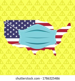 Campaign use mask in USA. Surgery mask on america map shape. Isolated  yellow warning sign background. Against coronavirus covid-19