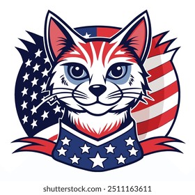 camiseta de vetor de campanha
desenho de um gato em
estrelas da bandeira americana e
listras, isoladas em branco
plano de fundo