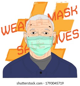 Campaign to wear face masks, Wear a masks to prevent COVID-19 and plague infection, #Wear a mask save lives, Surgical masks illustration.	