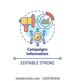 Kampagnen-Informationskonzept Symbol. Beherrschen Sie verschiedene Möglichkeiten der Werbung abstrakte Idee dünne Linie Illustration. Einzeln Umrisszeichnung. Bearbeitbarer Strich. Verwendung von Roboter-Medium, Myriad Pro-Fett-Schriftarten