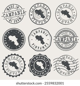 Campania, Italy Set of Stamps. Country Travel Marks. Made In Product. Design Seals Old Style Insignia.