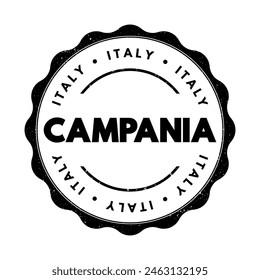 Campania - a region in southern Italy, known for its stunning coastline along the Tyrrhenian Sea, rich history, and vibrant culture, text concept stamp