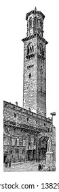 Campanile in the Palazzo del Signore in Verona Italy, element in its own right, forming part of the main building of the church, vintage line drawing or engraving illustration.