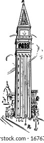 The Campanile of St. Mark's, it showing three images of campanile in italian landmarks, vintage line drawing or engraving 