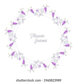 Campanula bell. Vector flowers frame, border. Purple bells on the stem. Bells. Bouquet of wild flowers. Flower design. Design poster, banner, greeting card. Space for text, stylized flowers in circle.