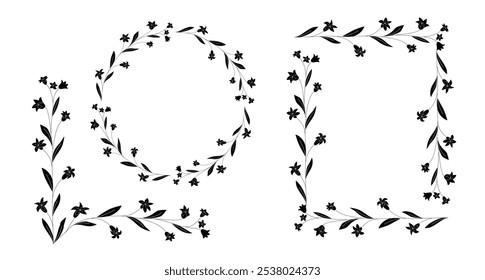 Campanula. Black decorative elements with bellflowers: wreath, decorative line, rectangular border. Design elements for invitations, postcards, banners.