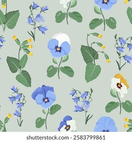 Campanula, pansies and primula a gray background. Seamless vector illustration. For decorating textiles and packaging.