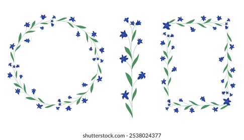 Campanula.Colorful decorative elements with bellflowers: wreath, decorative line, rectangular border . Design elements for invitations, postcards, banners.