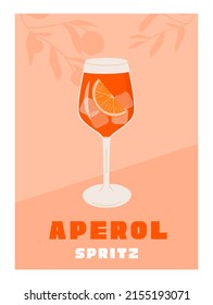 Campari Spritz Cocktail in glass with ice and slice of orange. Summer Italian aperitif retro poster. Wall art with alcoholic beverage decorated with orange wedges and citrus tree on background. Vector