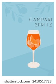 Cóctel Campari Spritz en vidrio con hielo y rebanada de naranja. Afiche retro de aperitivo italiano de verano. Arte mural con bebidas alcohólicas adornadas con cuñas naranjas y cítricos al fondo. Vector