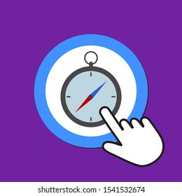 Campass icon. Navigation concept. Hand Mouse Cursor Clicks the Button. Pointer Push Press