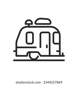 Camper Adventure Icon. Vector Outline Editable Sign of Travel Trailer for Camping and Road Trips. Linear Minimal Illustration.