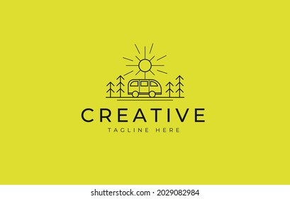 Camper Adventure Van Logo Design Template. Summer camp line design. Creative Vector Icon Concept.