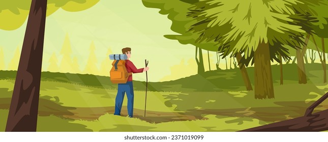 Camper with backpack walking in forest, vector illustration. Banner design