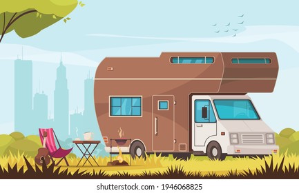 Camper with barbecue folding table deckchair guitar in city suburb trailer caravan park cartoon composition vector illustration