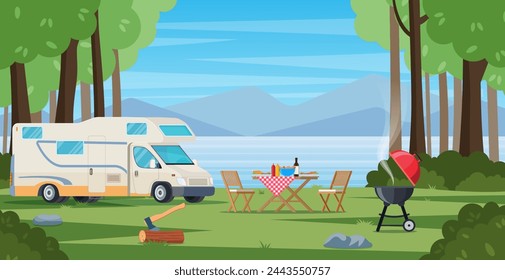 Camper with barbecue folding table deckchair. Summer camping. Outdoor nature adventure, active tourism in summertime background.