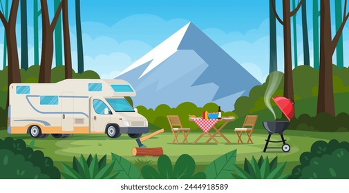 Wohnmobil mit Barbecue Klapptisch Liegestuhl. Sommer-Camping. Naturerlebnis im Freien, Aktivtourismus im sommerlichen Hintergrund. Vektorillustration im flachen Stil