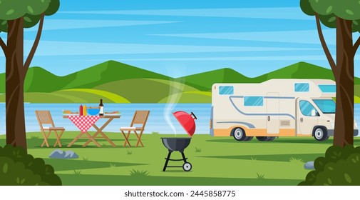 Camper with barbecue folding table deckchair. Summer camping. Outdoor nature adventure, active tourism in summertime background.