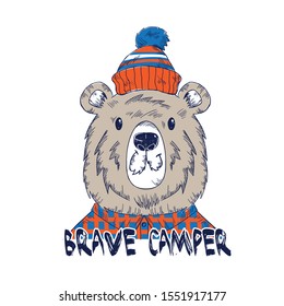 camper bear head drawing as vector for tee print