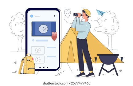 A camper with binoculars near a yellow tent, a backpack, and a grill, standing by a large smartphone showing video content. Concept of camping and technology. Flat vector illustration