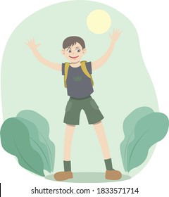 Camper boy enjoying wildlife. Boy or a teenager with a yellow backpack. He's excited  for his forest adventure. Cute vector illustration.
