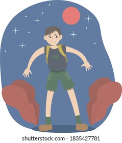 Camper Boy Lost In The Woods. Scared Child Cannot Find His Way Home. He's Cold, Hungry And Alone. He Could Run Away From Home. Vector Illustration.