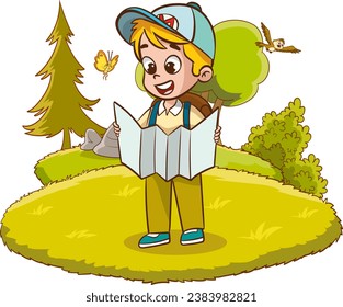 camper Boy with a map in the nature. Vector illustration.