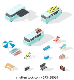 Camper and camping accessories isometric icons set vector graphic illustration