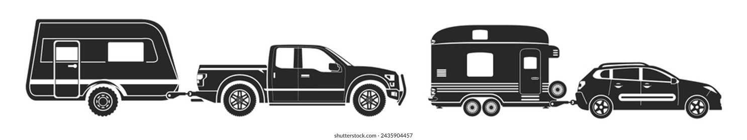 Camper. Camping motor home, road trip car wagon vector flat illustration, PNG