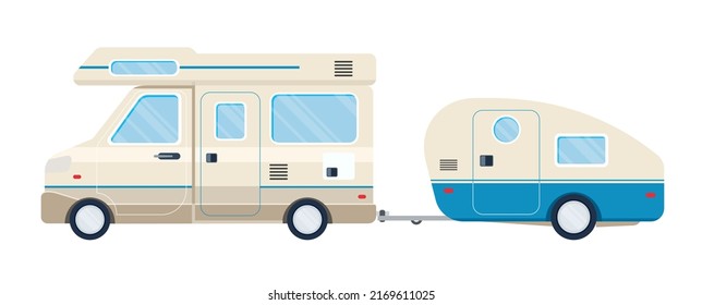 Camper car, bus, travel house with trailer. Flat vector illustration isolated on white background