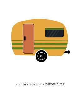 Camper car. Holiday caravan, van or vintage trailer, motorhome for adventures, camping RV. Mobile auto vehicle for travel, vacation in campsite. Vector cartoon flat isolated nature illustration