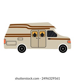 Camper car. Holiday caravan, van or vintage trailer, motorhome for adventures, camping RV. Mobile auto vehicle for travel, vacation in campsite. Vector cartoon flat isolated nature illustration