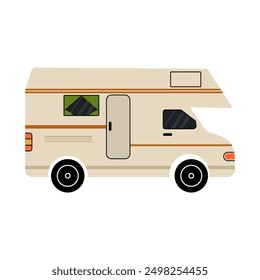 Camper car. Holiday caravan, van or vintage trailer, motorhome for adventures, camping RV. Mobile auto vehicle for travel, vacation in campsite. Vector cartoon flat isolated nature illustration