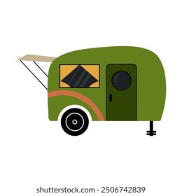 Camper car. Holiday caravan, van or vintage trailer, motorhome for adventures, camping RV. Mobile auto vehicle for travel, vacation in campsite. Vector cartoon flat isolated nature illustration