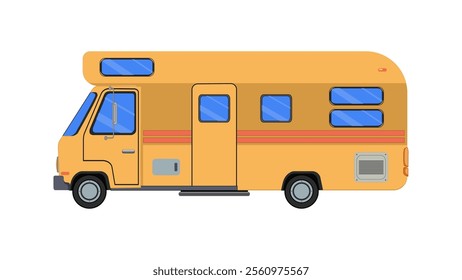 Camper car, holiday caravan, van, summer motorhome, camping RV. Mobile auto vehicle for travel, vacation. Flat vector illustration isolated on white background