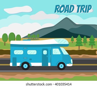 Camper car on a road and landscape. Vector  illustration. Summer trip.  Travel by wagon. 