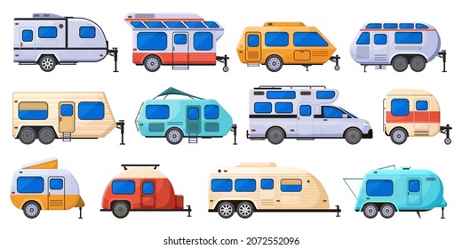 Camper caravan, rv cars, camping trailers and house trucks. Motor home trucks, outdoor camping trailers vector flat illustration set. Road trip vehicles. Camper trailer car, caravan travel