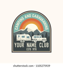 Camper and caravaning club. Vector illustration. Concept for shirt or logo, print, stamp, patch or tee. Vintage typography design with Camper trailer and mountain silhouette.