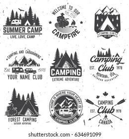 Camper and caravaning club. Vector illustration. Concept for shirt or logo, print, stamp or tee. Vintage typography design with Camper tent and forest silhouette.