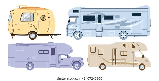 Camper cars, holiday caravans, vans, trailers, summer motorhomes, camping RV set. Mobile auto vehicles for travel, vacation in campsite, nature. Flat vector illustrations isolated on white background