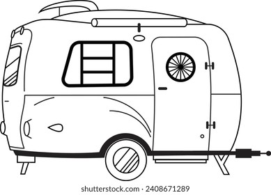 Camper cars, holiday caravans, vans, trailers, summer motorhomes, camping RV set. Mobile auto vehicles for travel, vacation in campsite. Outline vector illustrations isolated on white background