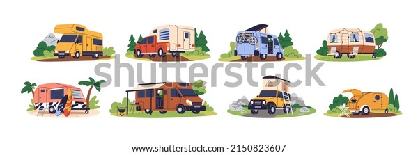 Camper cars, holiday caravans, vans, trailers,\
summer motorhomes, camping RV set. Mobile auto vehicles for travel,\
vacation in campsite, nature. Flat vector illustrations isolated on\
white background
