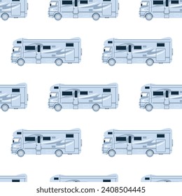 Camper cars seamless pattern, holiday caravans, vans, trailers, summer motorhomes, camping RV set. Mobile auto vehicles for travel, vacation in campsite, nature. Flat vector illustrations isolated