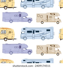 Camper cars seamless pattern, holiday caravans, vans, trailers, summer motorhomes, camping RV set. Mobile auto vehicles for travel, vacation in campsite, nature. Flat vector illustrations isolated