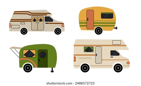 Coches camper listos. Festiva caravana, camioneta y remolques vintage, autocaravana para aventuras, camping RV. Vehículo móvil para el viaje, vacaciones en el camping. Ilustración de naturaleza aislada plana de dibujos animados de Vector