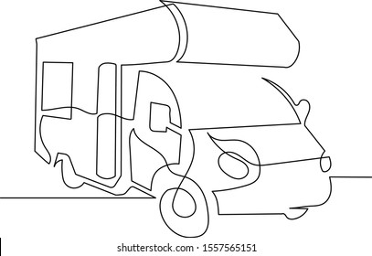 Camper Continuous Line Drawing. The Concept Of Moving In A Motorhome, Family Camping, Camping, Caravan.