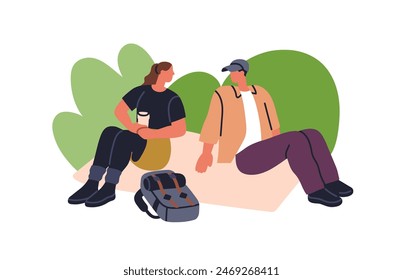 Camper couple resting in nature. Backpackers relaxing during summer adventure, camping and hiking trip. Man and woman tourists sitting outdoors. Flat vector illustration isolated on white background