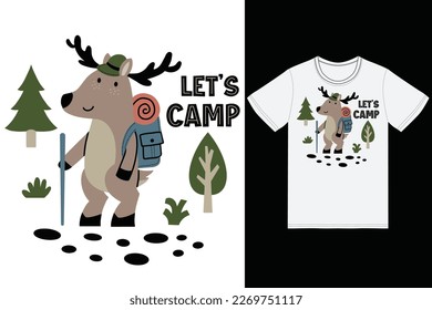 Ilustración de ciervo lindo de camper con diseño de camiseta vector premium el concepto de tecnología aislada. Estilo de caricatura plana adecuado para llevar páginas web, camisetas, volantes, pegatinas